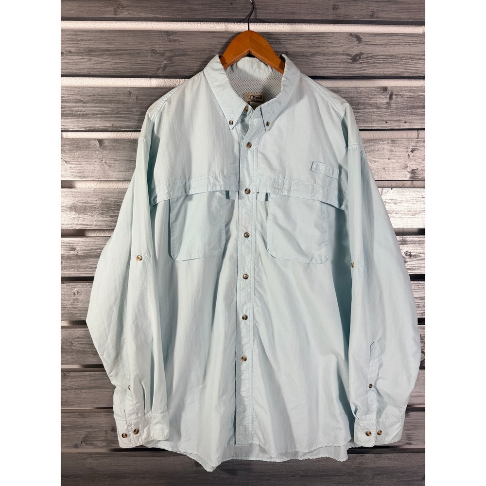 LL Bean Mens XL Tall XLT Light Blue Long Sleeve Fishing Shirt Ventilated Vented